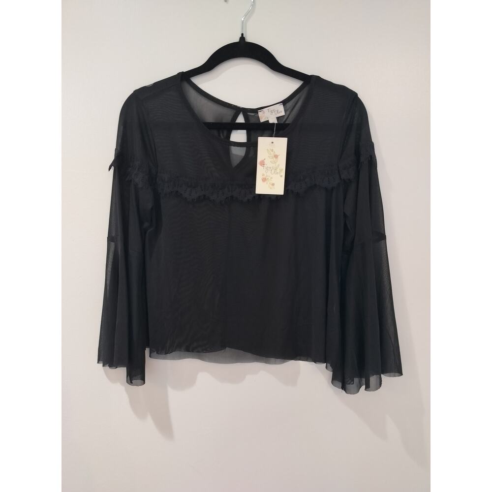 Fig & Olive Black Sheer Bell Sleeve Crop Top Raw Edge Layering Size M
